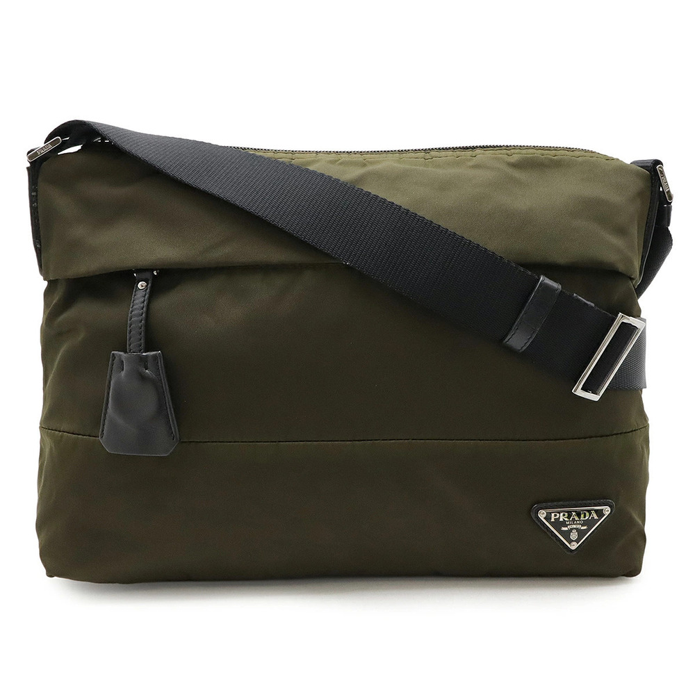 Prada Triangle Messenger Crossbody Leather Khaki Green Black